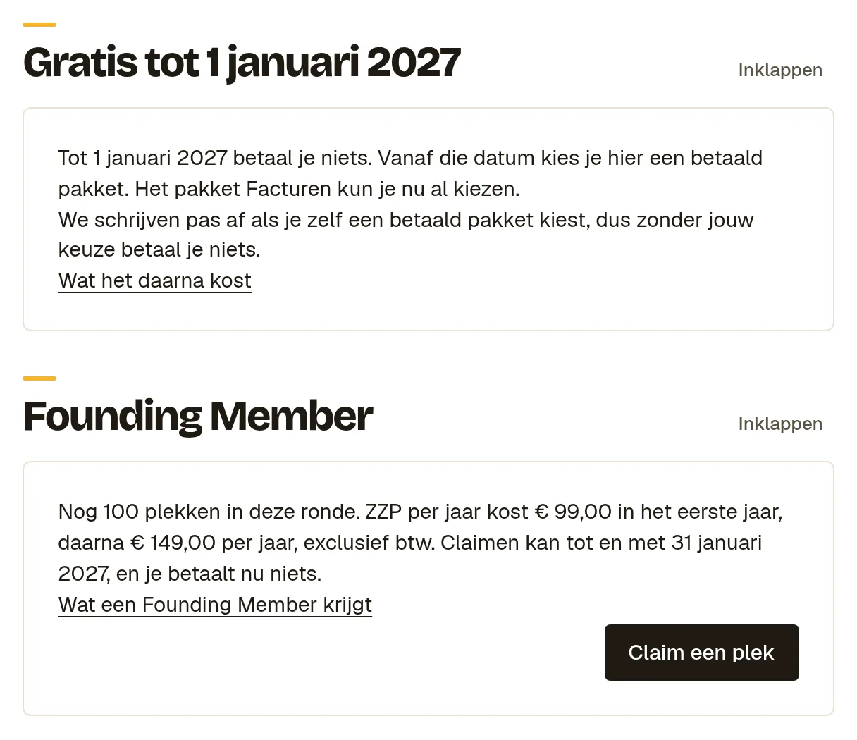 Het tabblad Abonnement met Gratis tot 1 januari 2027, de link Wat het daarna kost en het blok Founding Member met de knop Claim een plek.