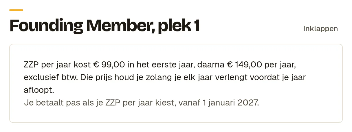 Het blok Founding Member met het nummer van je plek en de prijs voor het eerste jaar en de jaren daarna.