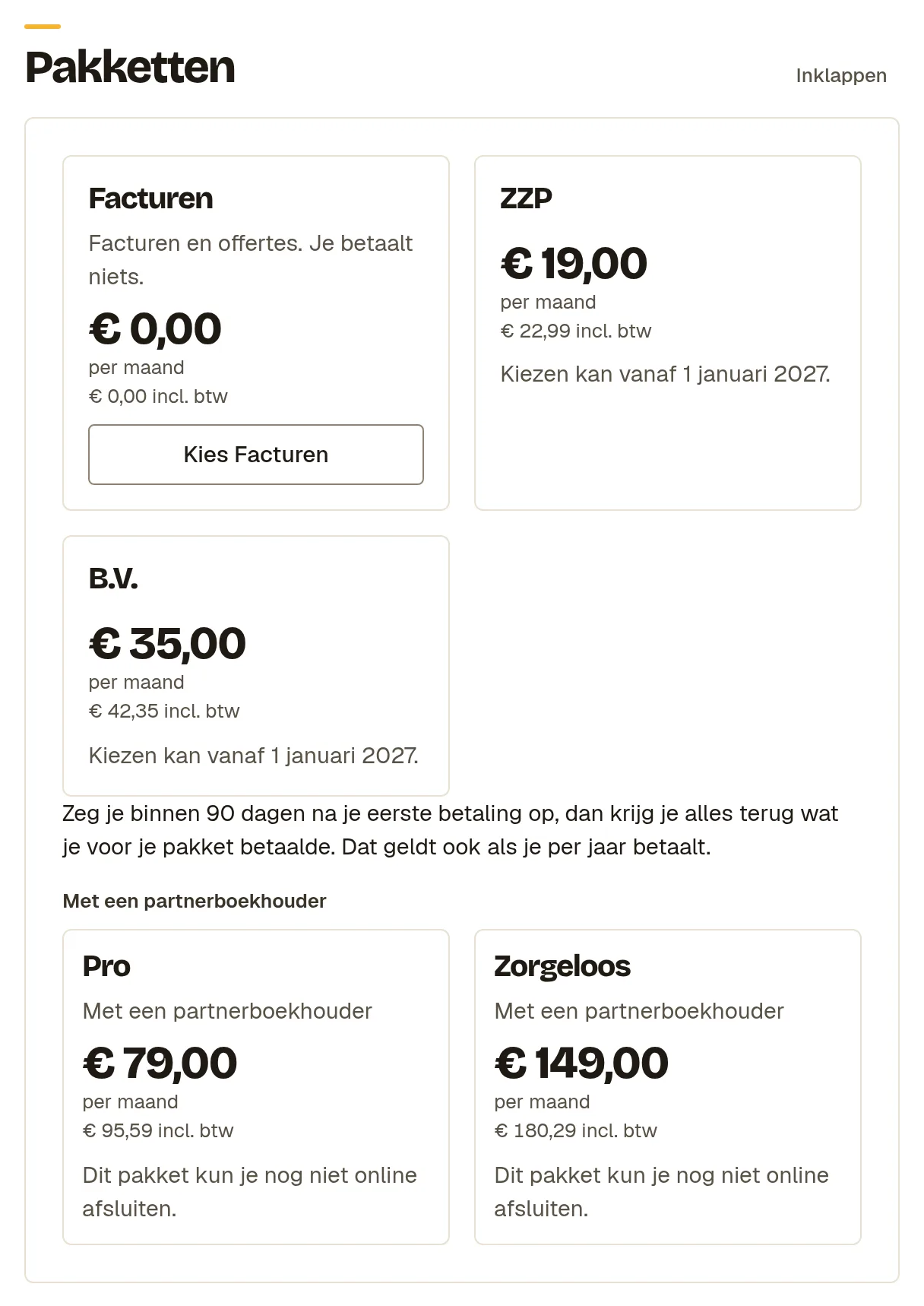 Het blok Pakketten met Facturen, ZZP en B.V., de prijzen per maand en per jaar en de pakketten met een partnerboekhouder.
