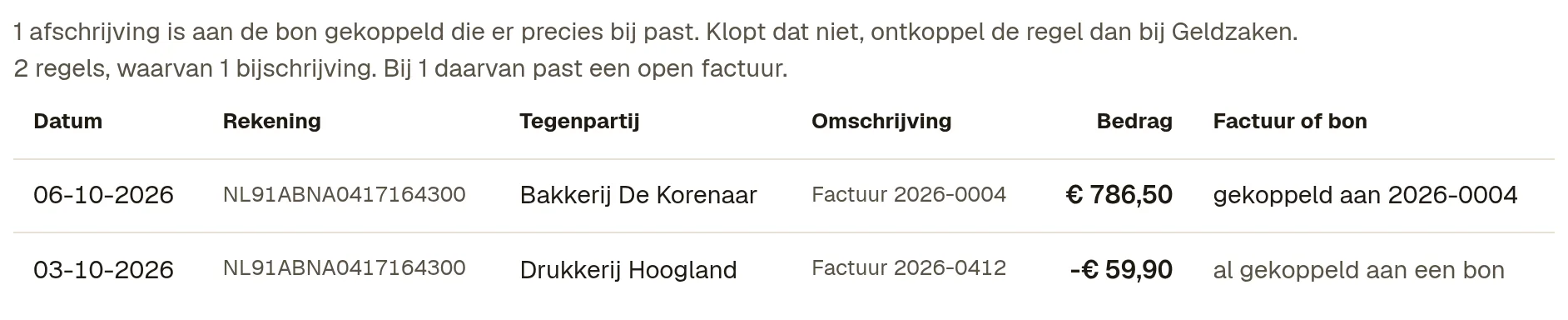 Dezelfde regel na Koppel, met de tekst dat de betaling aan factuur 2026-0004 is gekoppeld.