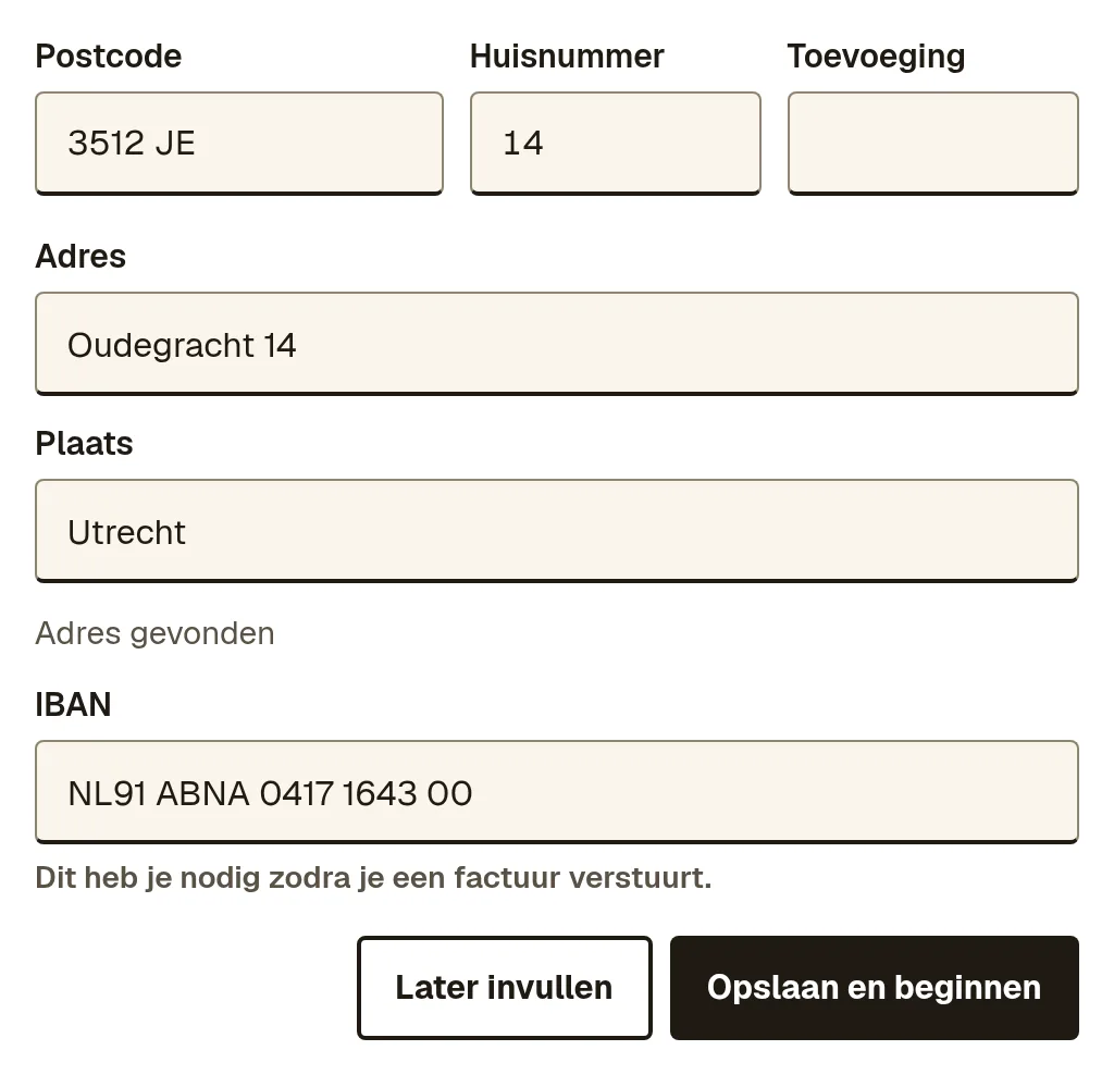 Stap 2 van 2: postcode, huisnummer, het gevonden adres en het veld IBAN, met de knop Opslaan en beginnen.