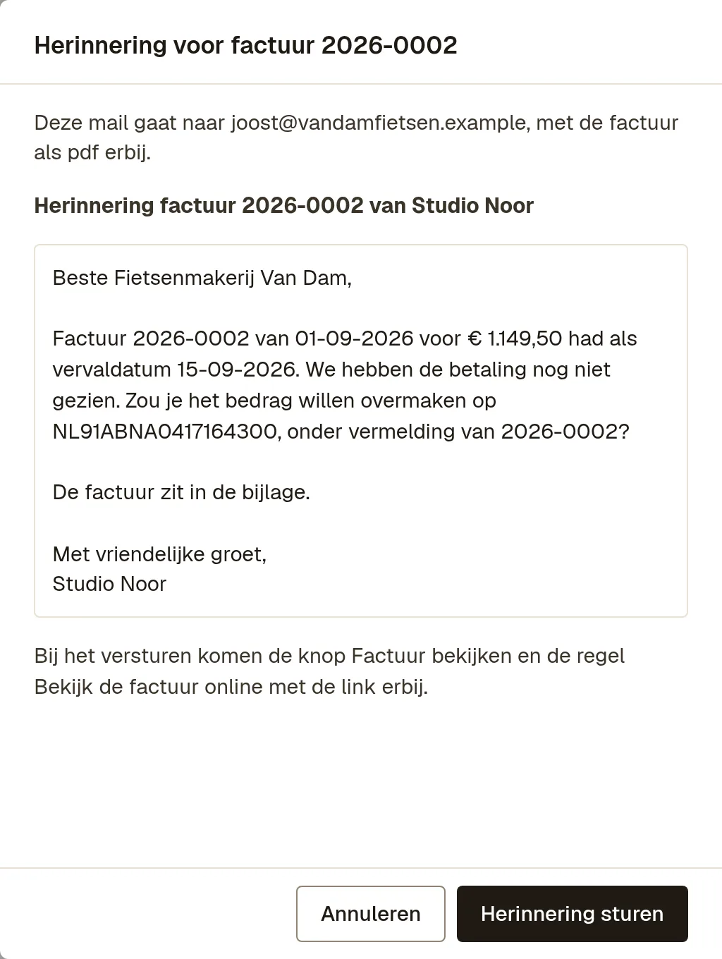 Het venster om een herinnering te sturen, met de ontvanger, de tekst van de herinnering en de knop Herinnering sturen.