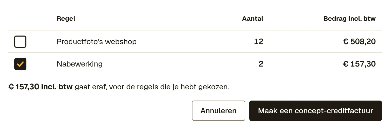 Het scherm Corrigeren met een vinkje per factuurregel, waarvan één uitgevinkt, en de knop Maak een concept-creditfactuur.