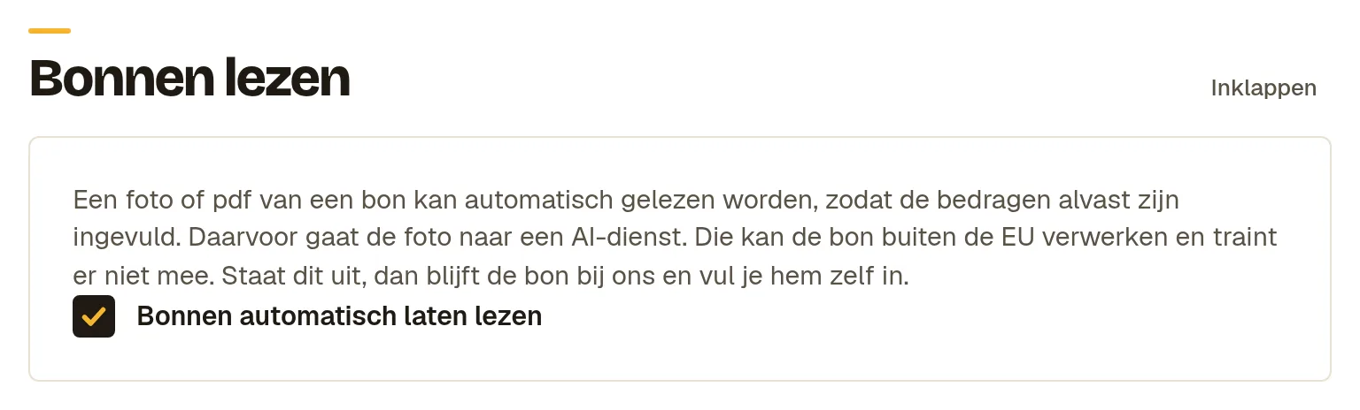 Het blok Bonnen lezen in de instellingen, met de uitleg en het vinkje Bonnen automatisch laten lezen aangezet.