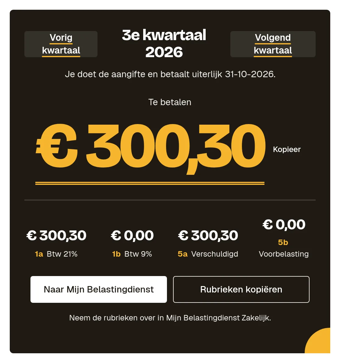 Het btw-overzicht van een kwartaal met de rubrieken, het bedrag dat je moet betalen en de knoppen Naar Mijn Belastingdienst en Rubrieken kopiëren.