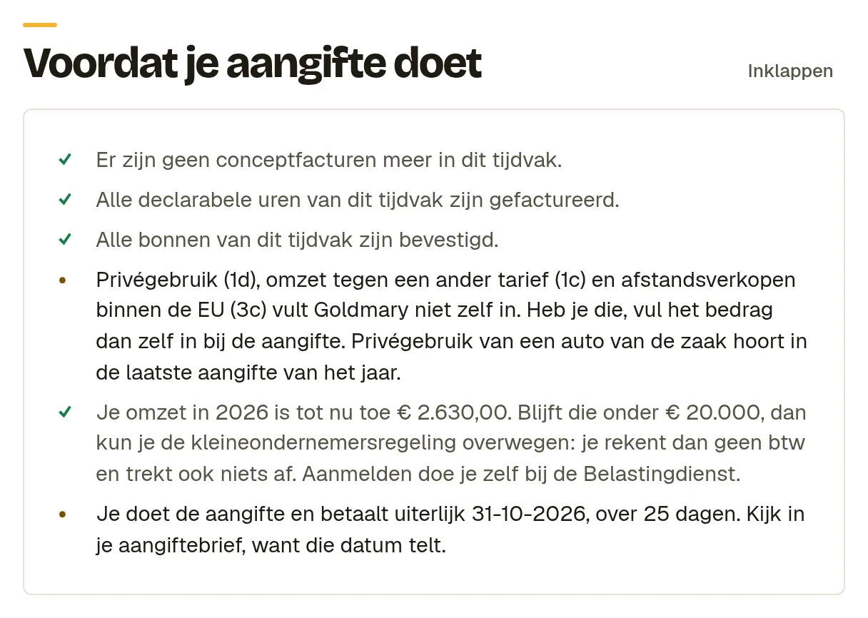 De lijst Voordat je aangifte doet met vinkjes bij de conceptfacturen, de uren en de bonnen, en punten over privégebruik, de kleineondernemersregeling en de uiterste datum.