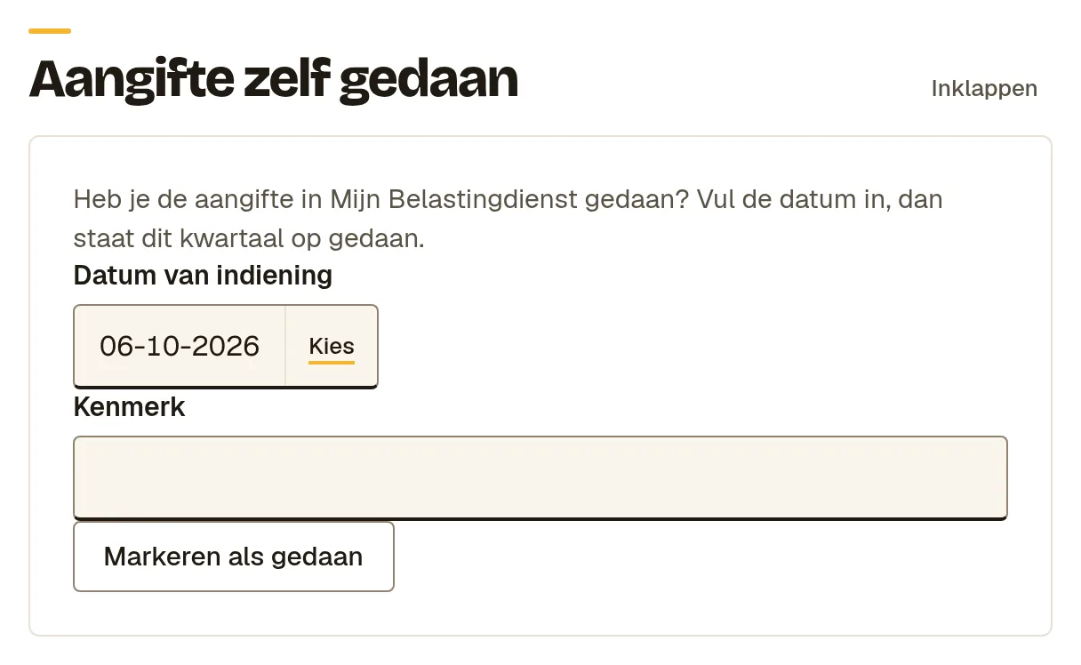 Het blok Aangifte zelf gedaan met de velden Datum van indiening en Kenmerk en de knop Markeren als gedaan.