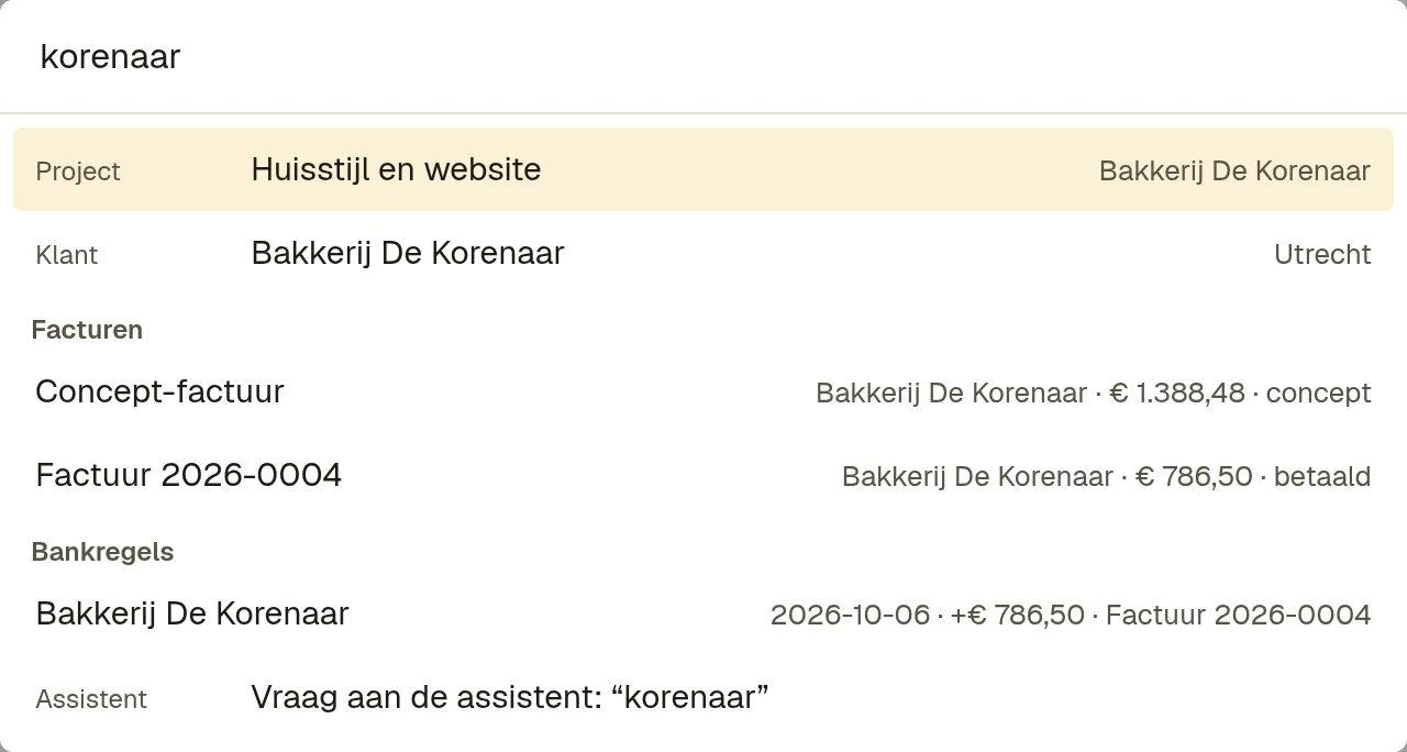 Het zoekvenster met het woord korenaar en de uitkomsten per soort: het project, de klant, de facturen en de bankregels.