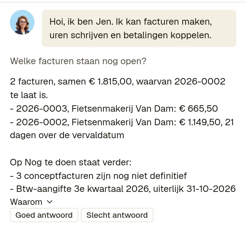 Jen beantwoordt de vraag welke facturen nog openstaan met een lijst facturen en bedragen, met daaronder de knoppen Goed antwoord en Slecht antwoord.