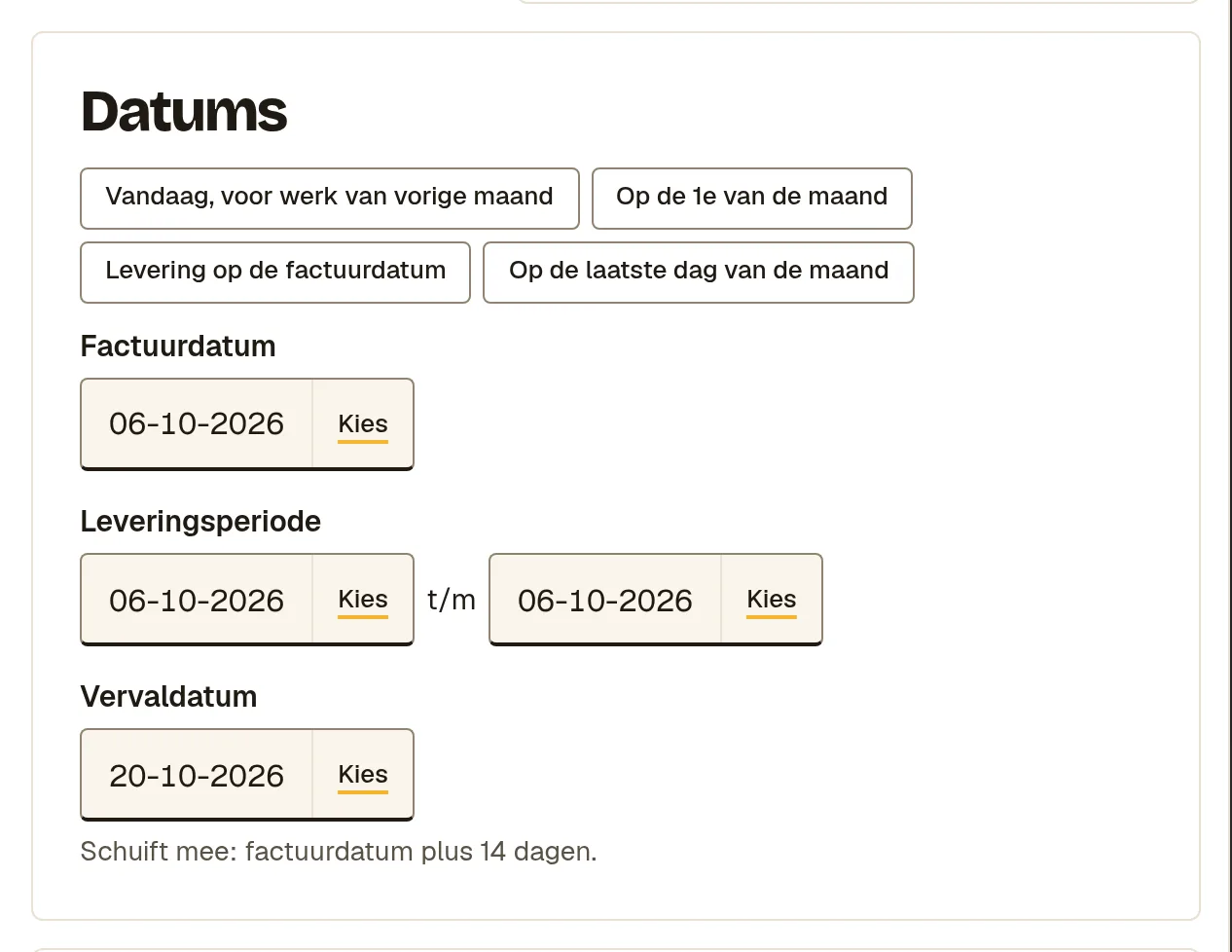 Het blok Datums met de knoppen voor de leveringsperiode en de velden Factuurdatum, Leveringsperiode en Vervaldatum.