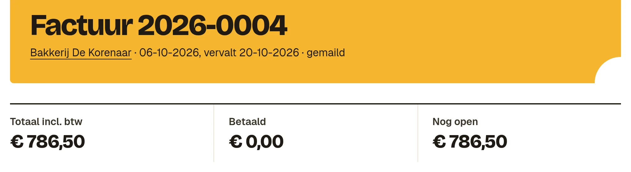 De verstuurde factuur met het factuurnummer, de melding dat hij is gemaild, en de bedragen Totaal incl. btw, Betaald en Nog open.