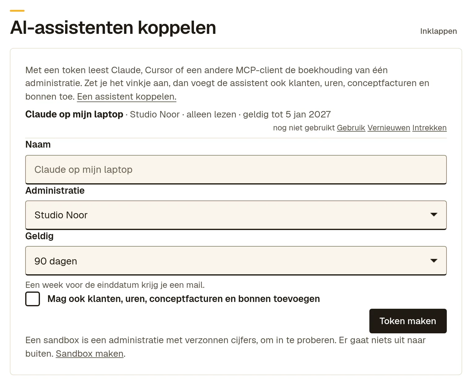 Het blok AI-assistenten koppelen met het token Claude op mijn laptop voor Studio Noor, alleen lezen, en de knoppen Gebruik, Vernieuwen en Intrekken.