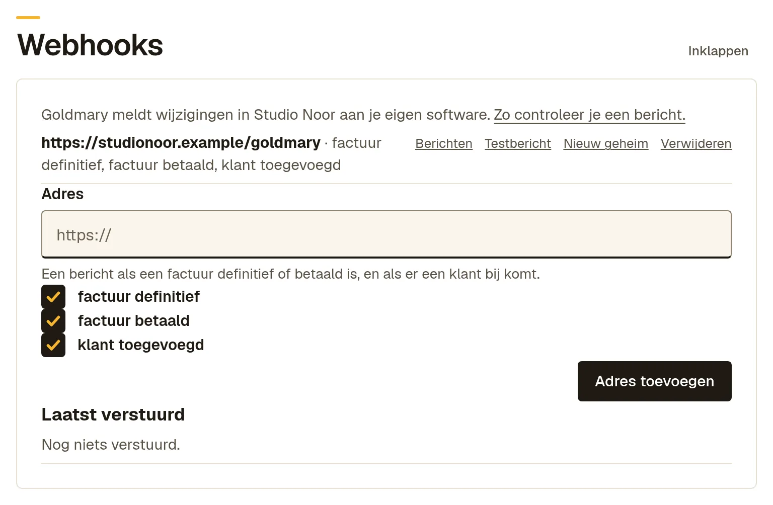 Het blok Webhooks met een adres van Studio Noor, de knoppen Berichten, Testbericht, Nieuw geheim en Verwijderen, en de lijst Laatst verstuurd.