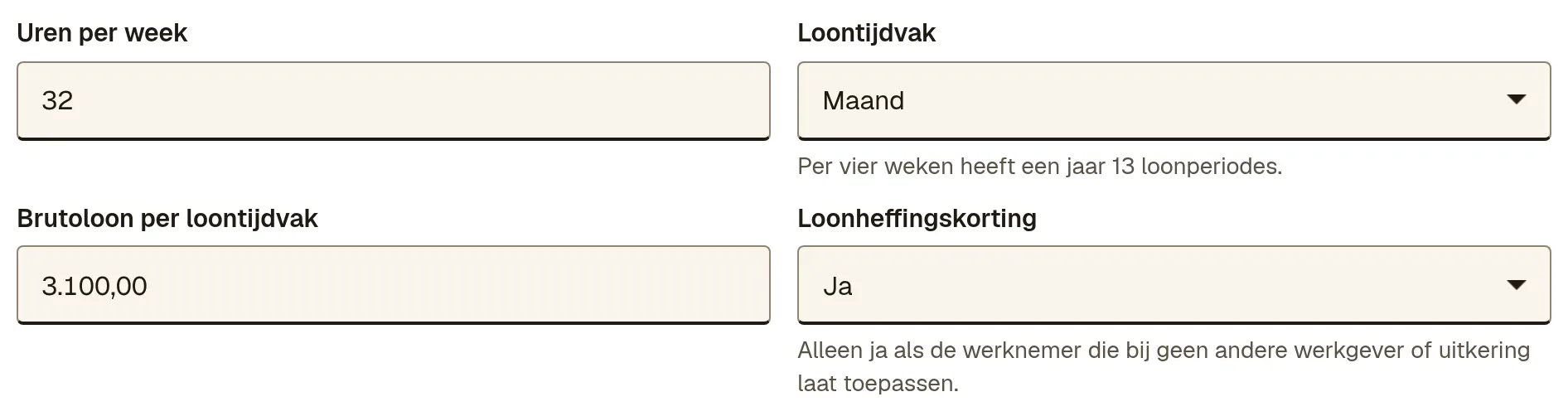 De velden van het dienstverband met 32 uren per week, loontijdvak maand, 3.100,00 euro brutoloon en loonheffingskorting ja, met de uitleg eronder.