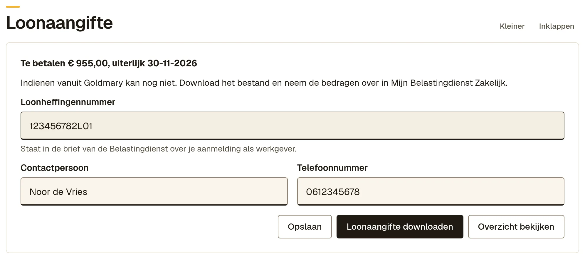 Het blok Loonaangifte met het te betalen bedrag en de uiterste datum, het loonheffingennummer en de knoppen Loonaangifte downloaden en Overzicht bekijken.