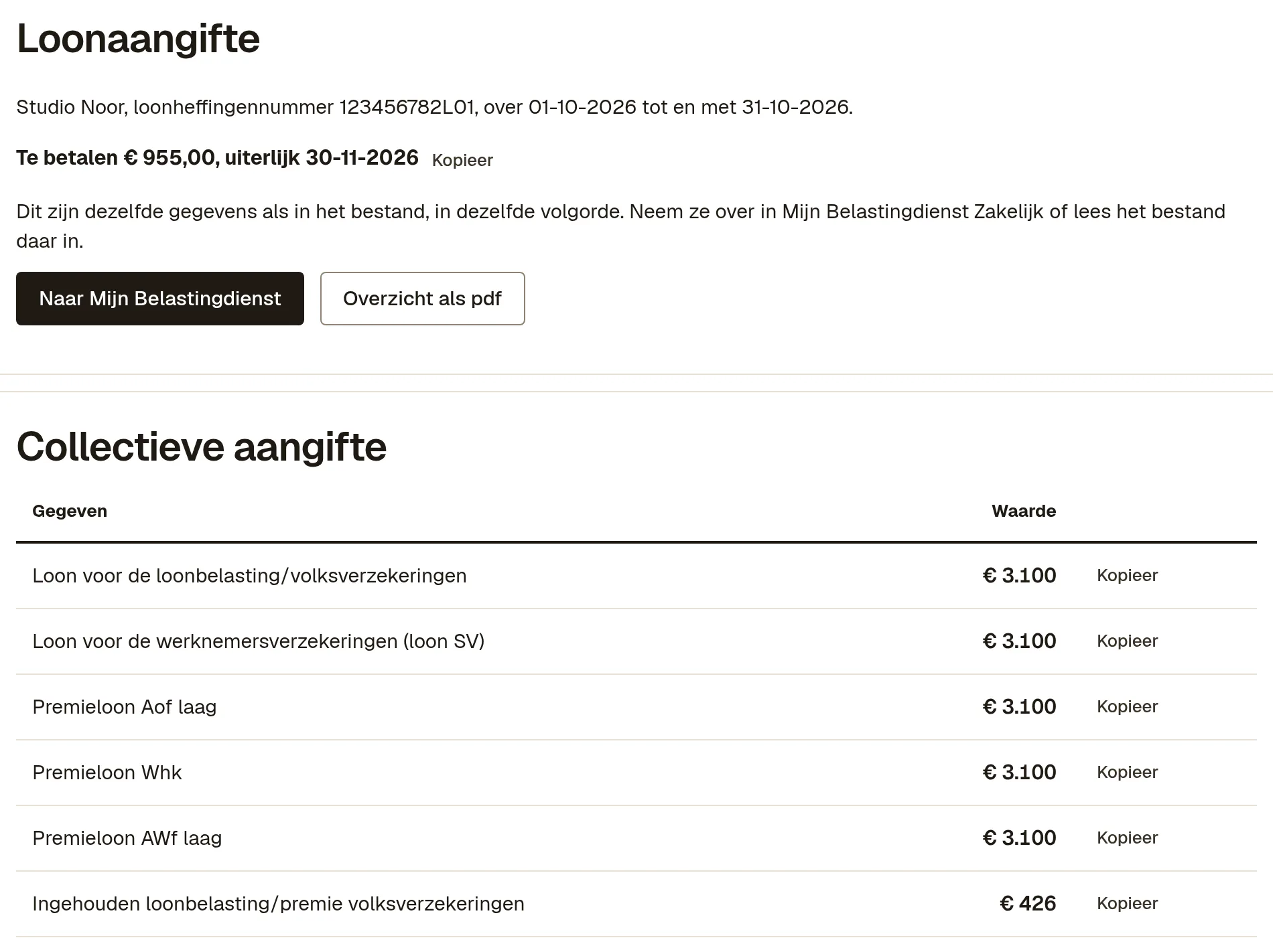 Het overzicht van de loonaangifte met het te betalen bedrag, de knoppen Naar Mijn Belastingdienst en Overzicht als pdf, en de bedragen per regel.