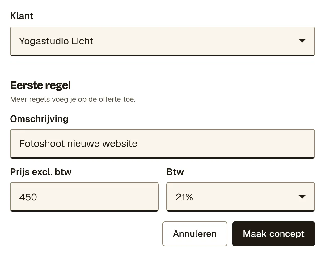 Een nieuwe offerte met de klant en de eerste regel: omschrijving, prijs excl. btw en btw, en de knop Maak concept.