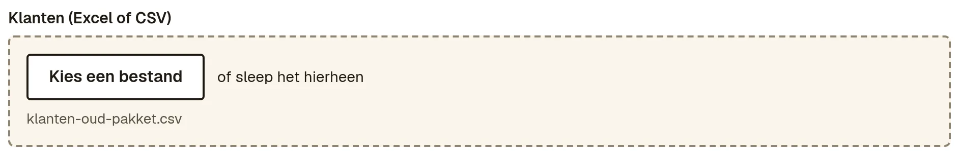 Het vak Klanten (Excel of CSV) met een gekozen bestand.
