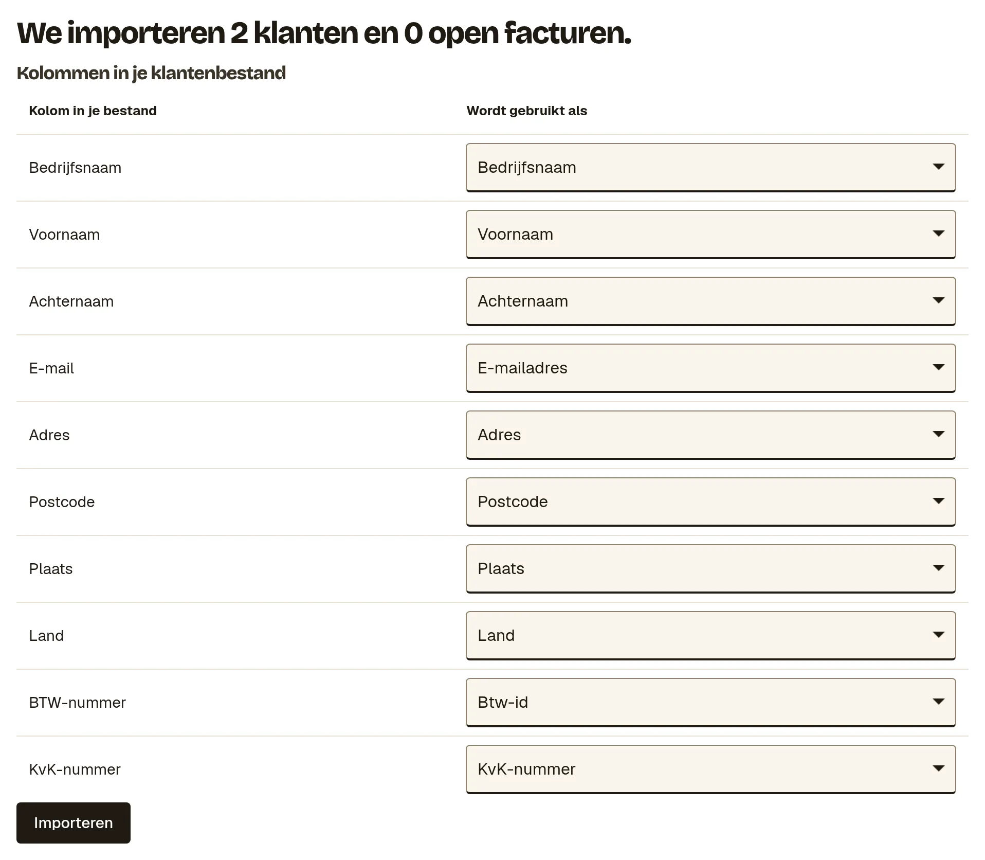 Het overzicht We importeren 2 klanten en 0 open facturen, met per kolom uit het bestand waarvoor die wordt gebruikt, en de knop Importeren.