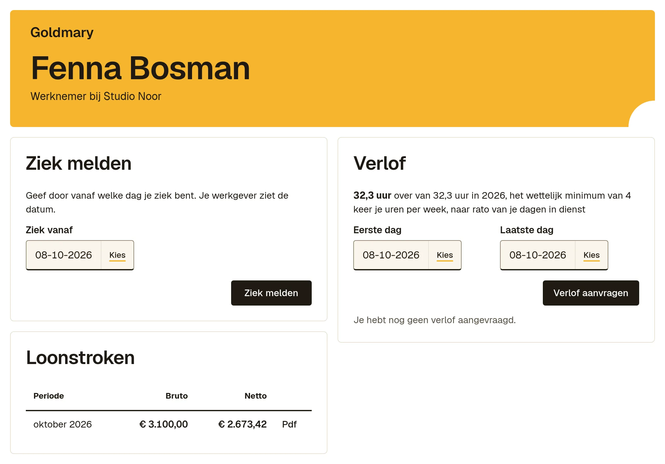 Het werknemersportaal van Fenna Bosman bij Studio Noor met de blokken Ziek melden, Loonstroken en Verlof.