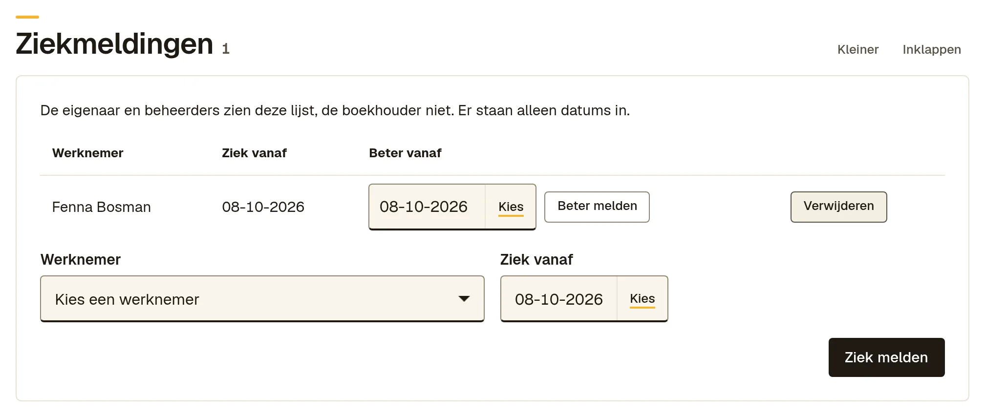 Het blok Ziekmeldingen met de ziekmelding van Fenna Bosman, het veld Beter vanaf en de knoppen Beter melden en Verwijderen.