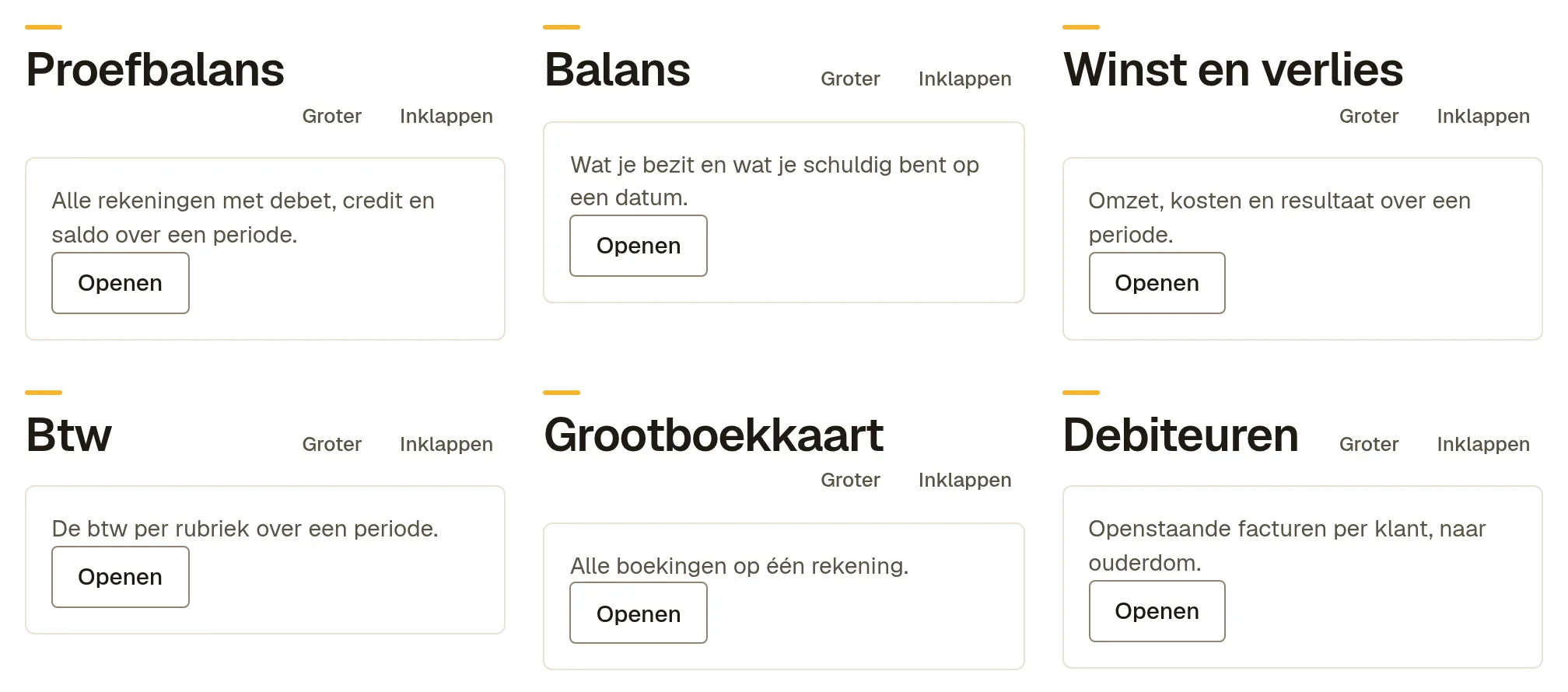 Het overzicht Rapporten met de kaarten Proefbalans, Balans, Winst en verlies, Btw, Grootboekkaart en Debiteuren, elk met de knop Openen.