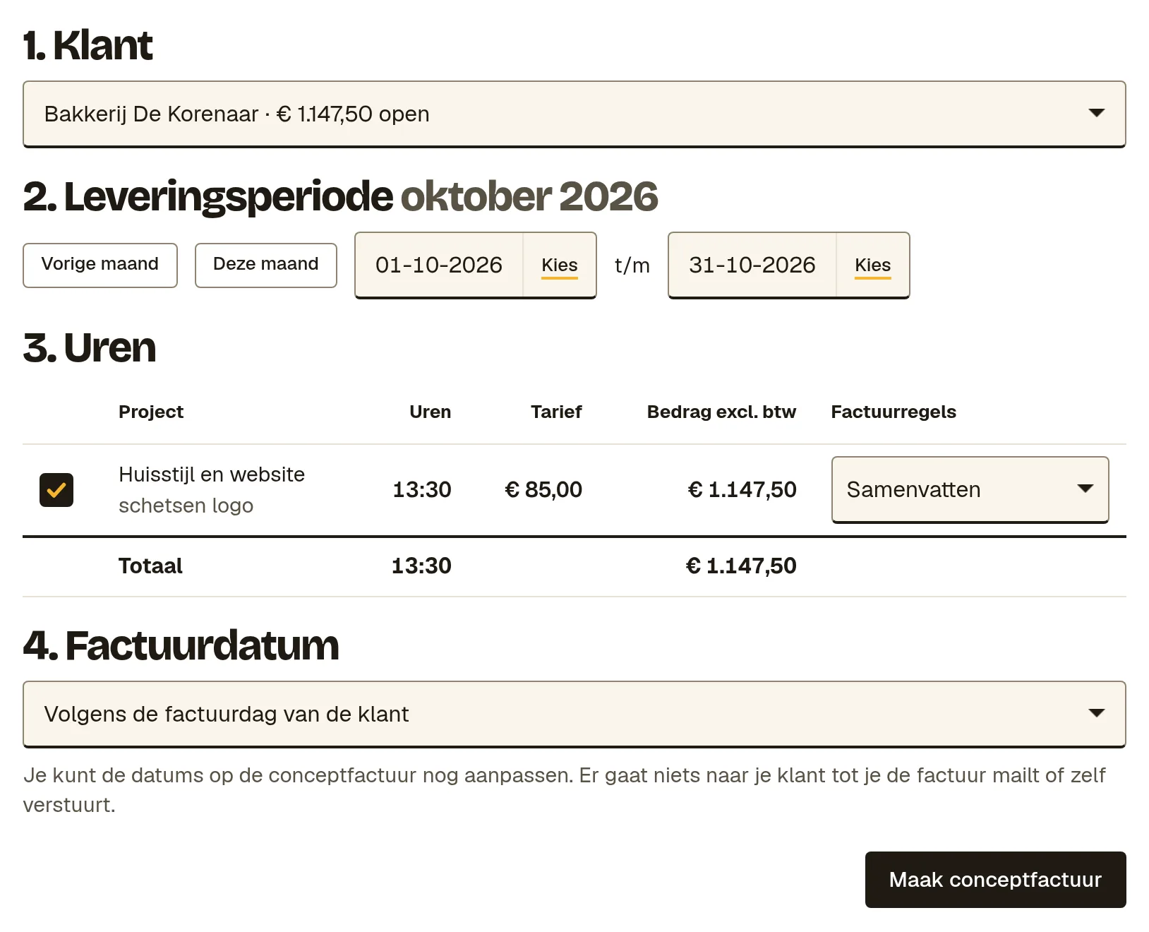 Het scherm om uren te factureren met de blokken Klant, Leveringsperiode, Uren en Factuurdatum, en de knop Maak conceptfactuur.